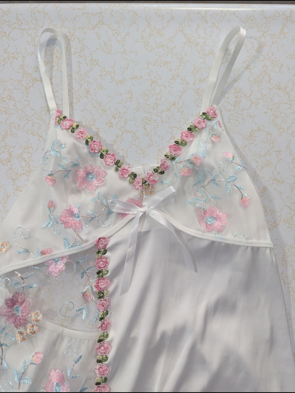 White Floral Embroidered Chemise with Pink Accents